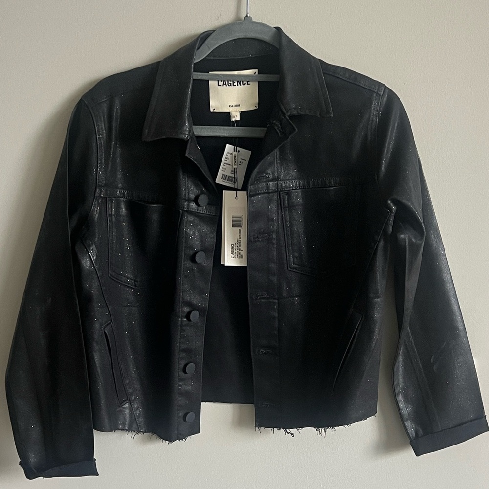 L'AGENCE Janelle Black/Silver Sparkle Coated Denim Jacket